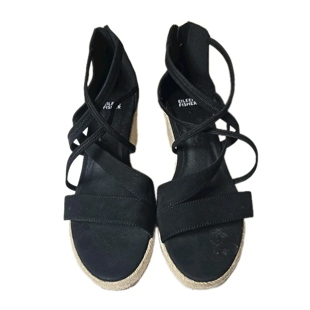 Eileen Fisher Wanda Tumbled Nubuck Black Espadrille Women's Size 10 Sandals